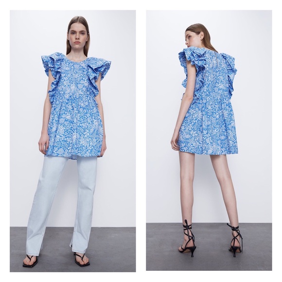 Zara Dresses Zara Blue Floral Raffles Dress Tunic Top Poshmark